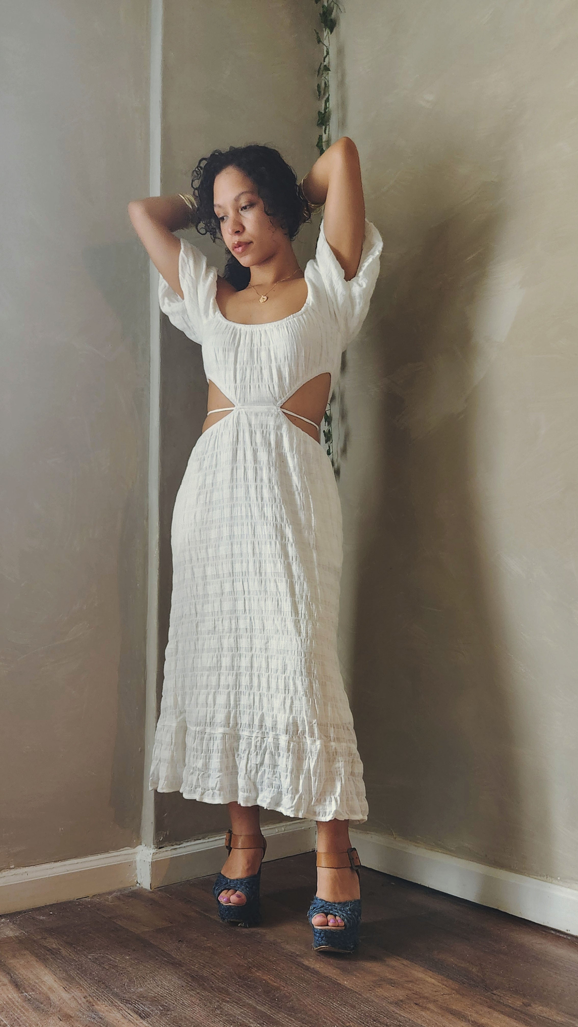 White Blossom side cutout Midi Dress