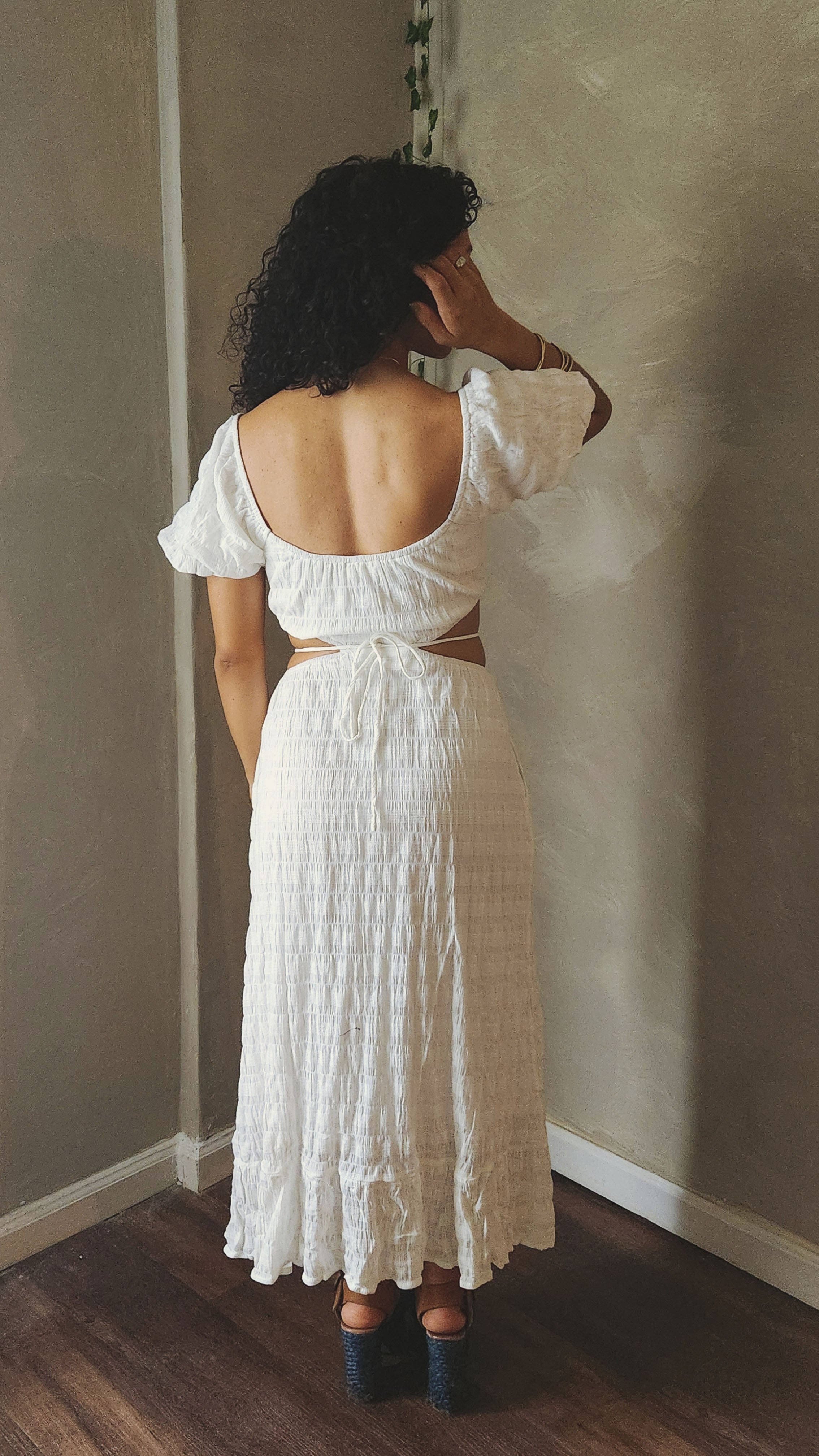 White Blossom side cutout Midi Dress