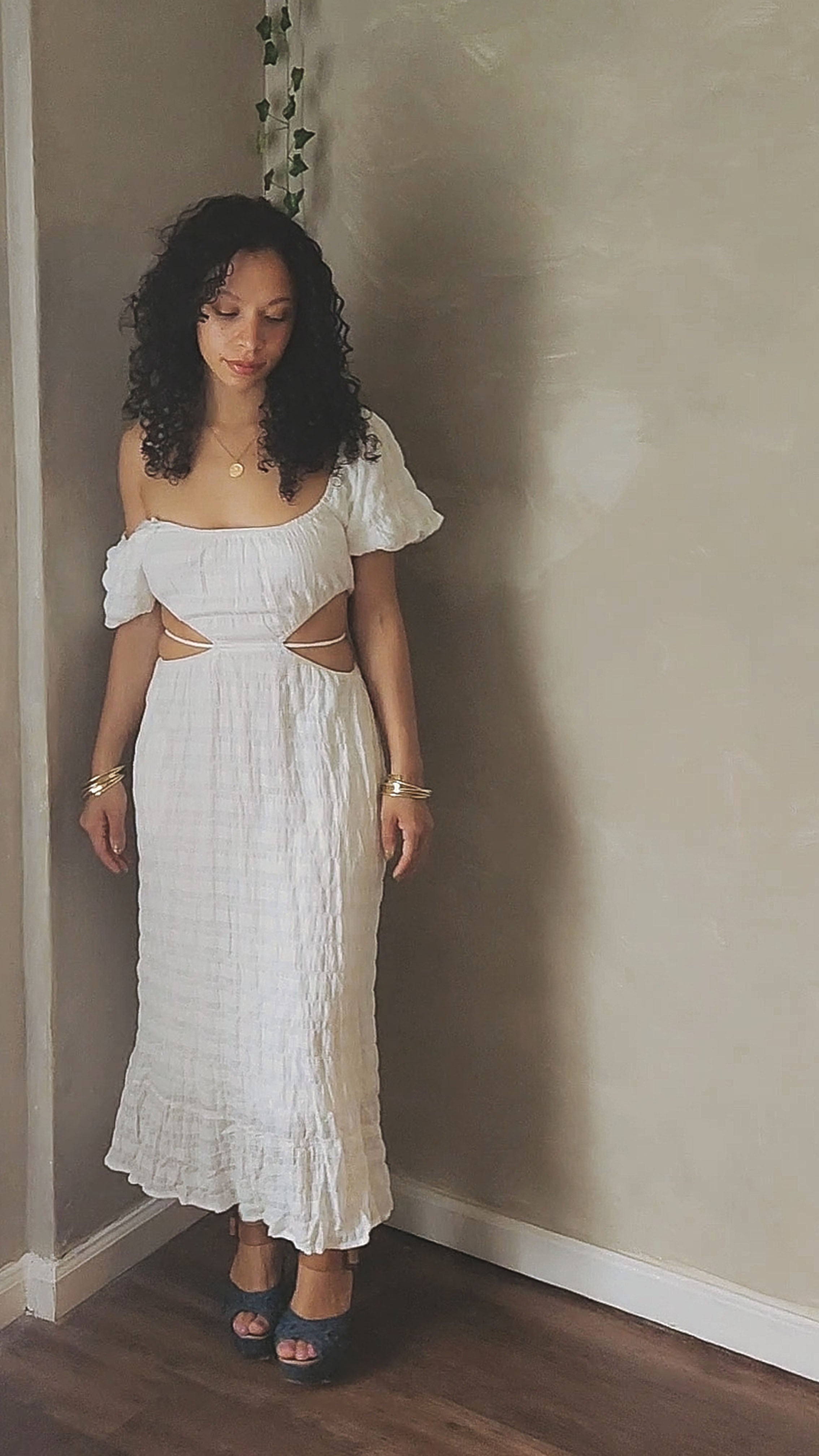 White Blossom side cutout Midi Dress