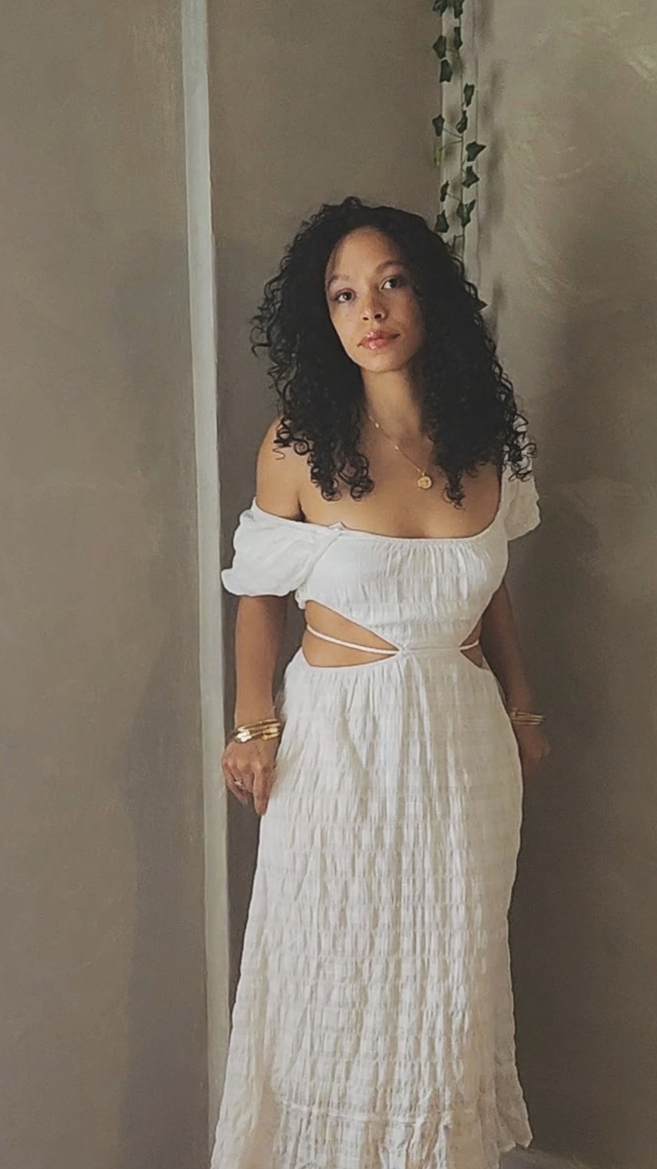 White Blossom side cutout Midi Dress