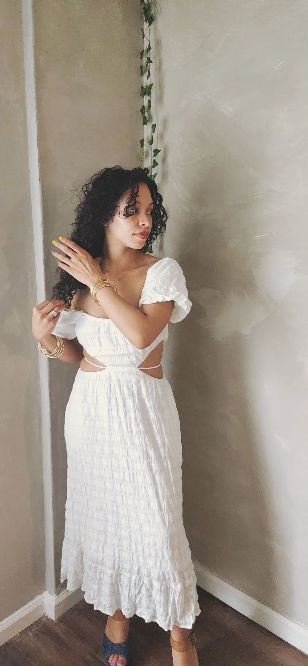 White Blossom side cutout Midi Dress