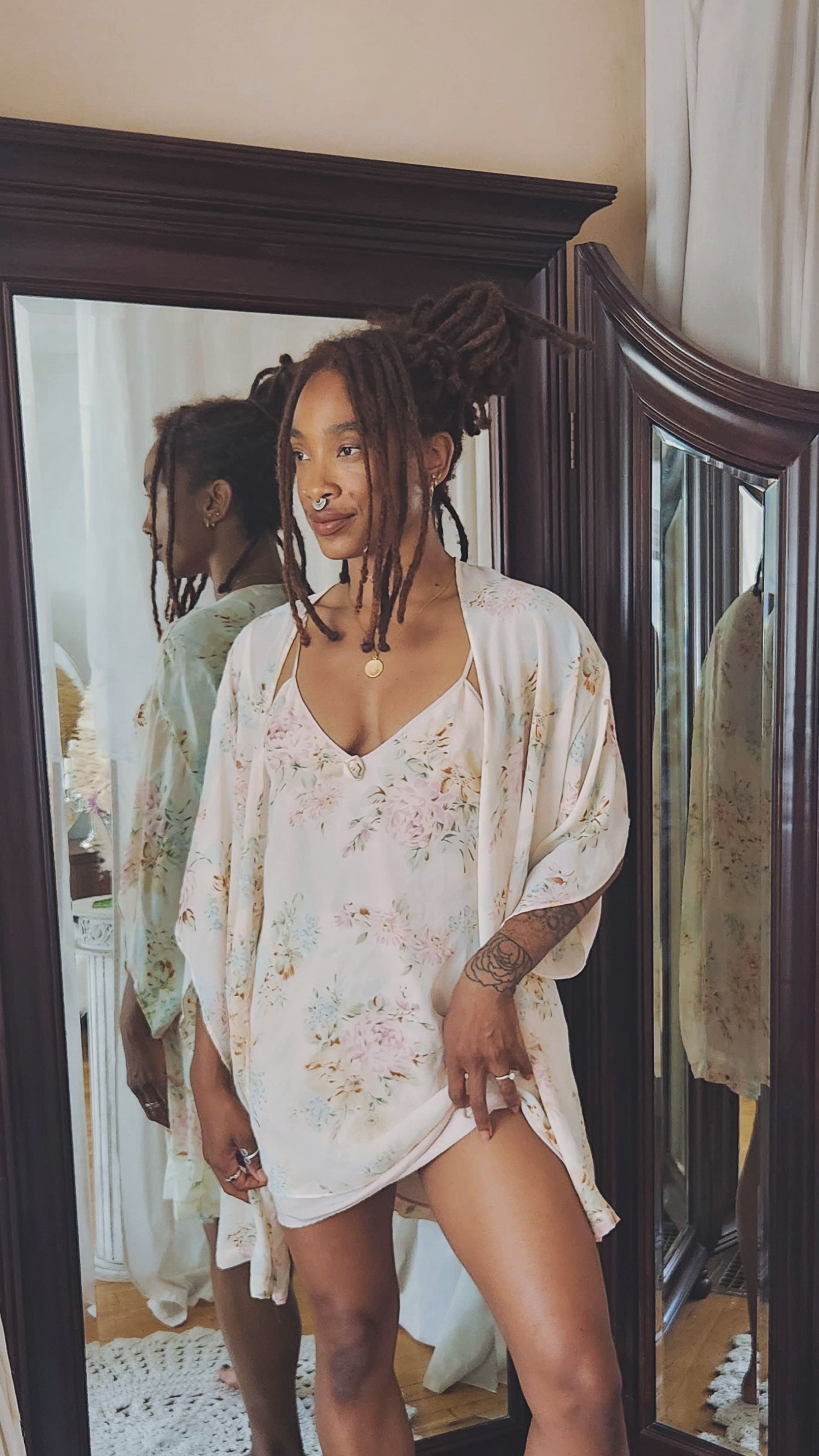 Vintage Pinky Floral Slip + Robe Set